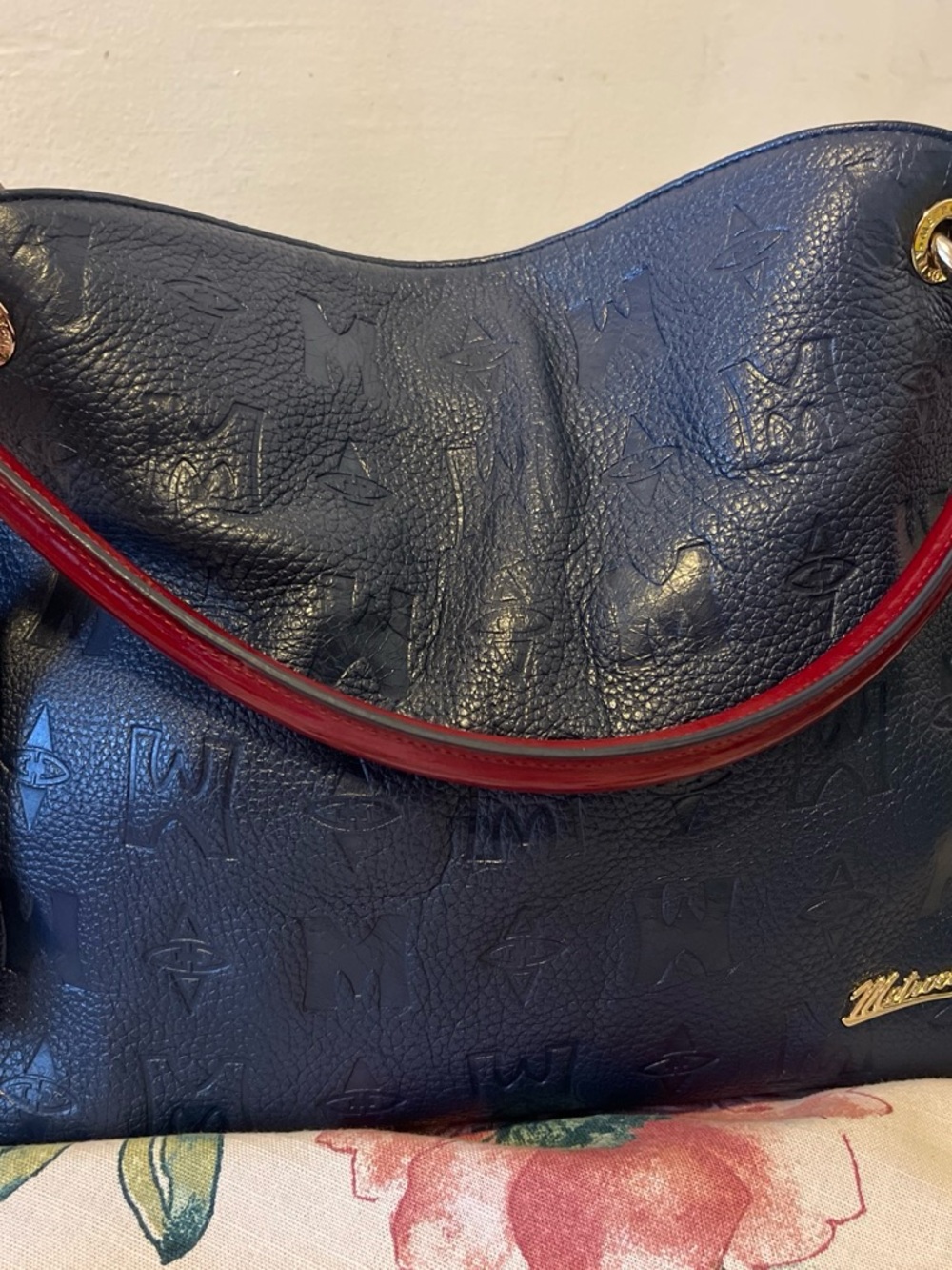 Navy and Red Shoulder Bag - Women's Elegant Pebbled Leather